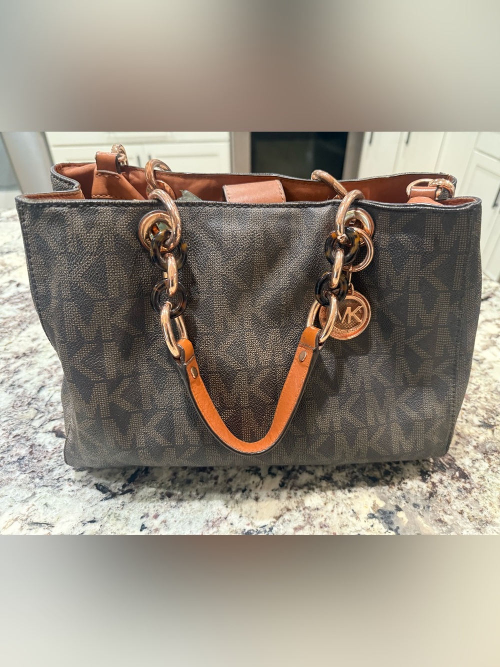 Michael Kors Brown Logo Tote with Tan Leather Handles and Gold Hardware